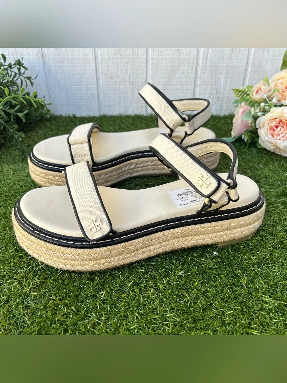 Tory Burch Women’s canvas/perfect black platform  Espadrille Sandals size 10